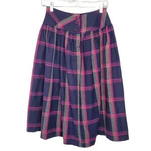 Vintage 80s Plaid Yoke Pleated Wool Skirt Sz 7 Navy Blue Pink Yellow